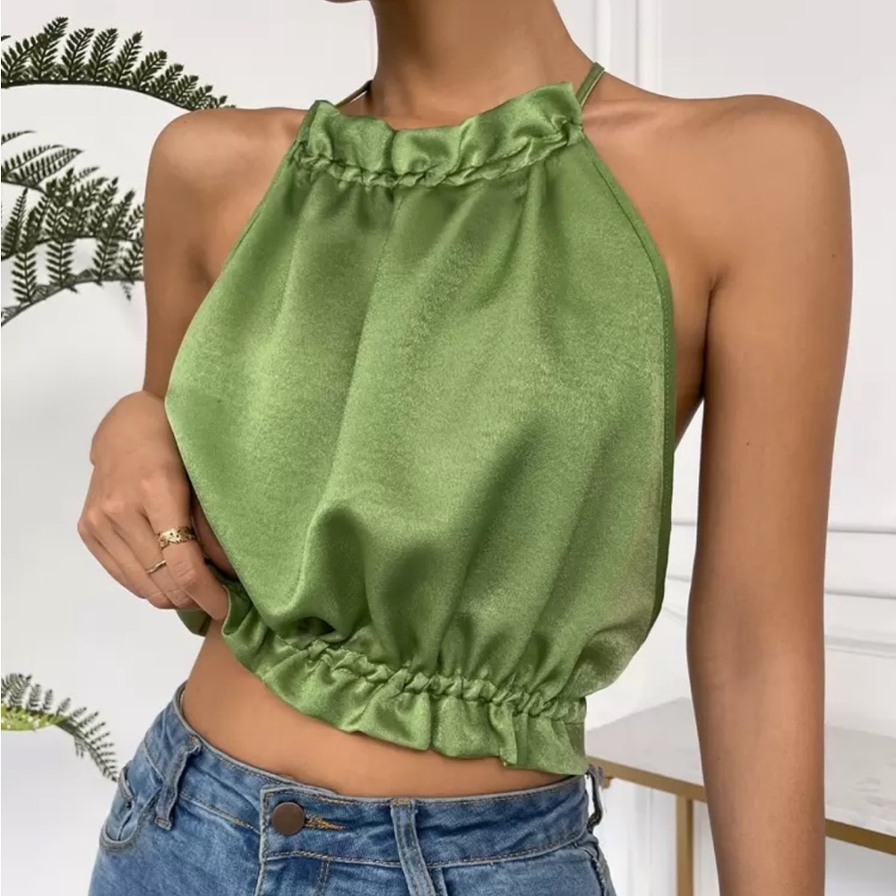 Ruffle Satin Open Back Toe Halter Top - Picture 14 of 14